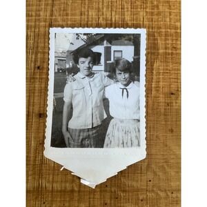 Vintage B&W Snapshot Photo Two Girls Mid-Century Fashion Scalloped Edge 3.5x5.25